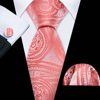 Галстуки с узором Пейсли кораллового цвета для мужчин 2023, Роскошные Дизайнерские Наборы запонок для шелковых жаккардовых носовых платков, подарки для свадебной вечеринки Barry.Wang
