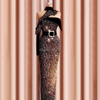 Горячее вечернее платье с высоким воротом на одно плечо, Черное облегающее платье-футляр в полный рост с металлическим напылением, платье для выпускного вечера, молния от кутюр