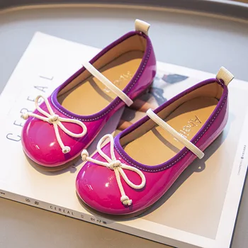 Детская обувь на плоской подошве для девочек, маленькие кожаные туфли ярких цветов с бантом и мягкой подошвой, детские тонкие туфли принцессы, желтый, фиолетовый, белый