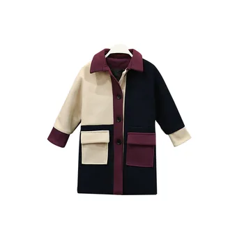 Детская одежда 2023, Зимние новые детские пальто, шерстяное пальто для девочек, модное цветное пальто с лацканами в стиле пэчворк