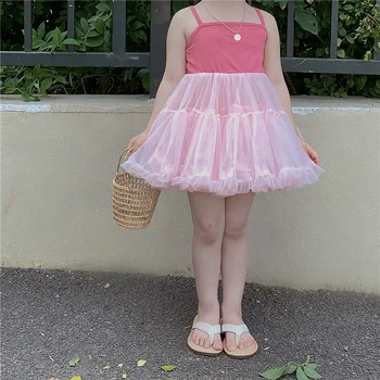 Детское платье 2023 Лето, корейский стиль, новое модное платье принцессы без рукавов для девочек, однотонное милое платье-пачка