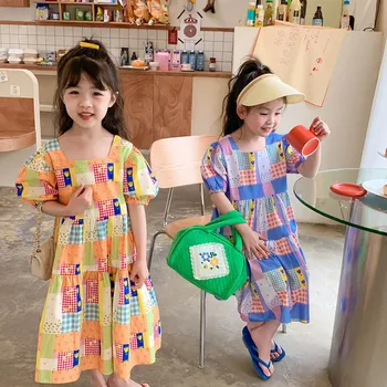 Детское платье для девочек, Новые летние наряды для девочек, Новое Милое квадратное платье в стиле пэчворк для корейских девочек, Vestidos, Детское милое платье принцессы