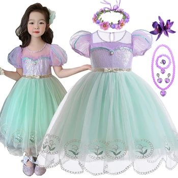 Детское праздничное платье на день рождения для девочки, бальное платье с фиолетовыми блестками, пышные рукава, Сетчатый костюм, подарок, Новая одежда Русалки 2023 года