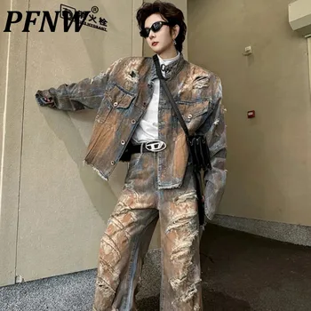 Джинсовая куртка PFNW с весенней росписью и дырками, джинсовые брюки свободного кроя, мужской комплект 2023, мода на Хай-стрит с длинным рукавом 24X4263