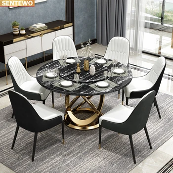 Дизайнерская роскошная круглая столовая из мраморной плиты, обеденный стол, 8 стульев, меса де Джантар, Комедор Силлас, золотая основа из нержавеющей стали