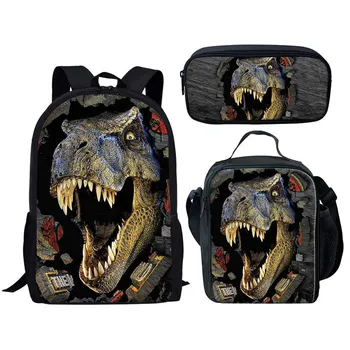 Динозавр из мира Юрского периода с 3D принтом, набор школьных сумок из 3 предметов для мальчиков и девочек, студенческий повседневный рюкзак для хранения с сумкой для ланча, сумка для карандашей