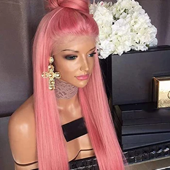 Длинный прямой розовый синтетический парик на шнурке спереди с термостойкой линией роста натуральных волос для красивых женщин