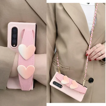 Для Samsung Galaxy Z Fold 5 4 3 2 5G Модный Градиентный Цвет Love Heart Кожаный Браслет Через Плечо С Длинным Ремешком Розовый Чехол