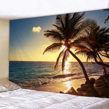 Домашний декор Гобелен Пейзаж Волна Потолок Тропическое дерево Пляж На стене Закат Море 