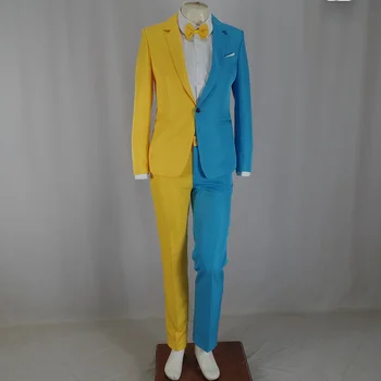 Желтый небесно-голубой костюм в тон для мужчин, ведущих фестивальных мероприятий, сценических костюмов для певцов, одежды для выступлений на сцене.