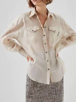 Женская блузка с отложным воротником, расшитая бисером, однобортный OL 2023, Летняя прозрачная шелковая рубашка с карманами