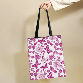 Женская многоразовая хозяйственная сумка Yikeluo с розовой бабочкой в стиле бохо и цветочным принтом, вместительная студенческая сумка через плечо для пригородных поездок, сумка для хранения, тоут