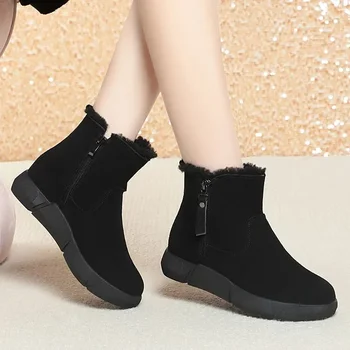 Женская обувь 2023, брендовые женские ботинки на молнии, зимние, с круглым носком, однотонные, лаконичные, из флока, теплые зимние ботинки с коротким бочком на низком каблуке