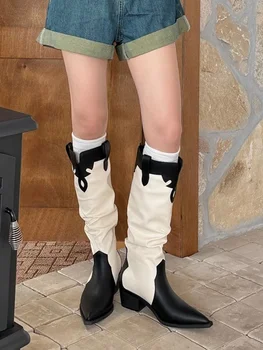 Женская обувь, ковбойские сапоги в западном стиле со складками, Весна-осень-зима 2023, Новые высокие сапоги на толстом каблуке