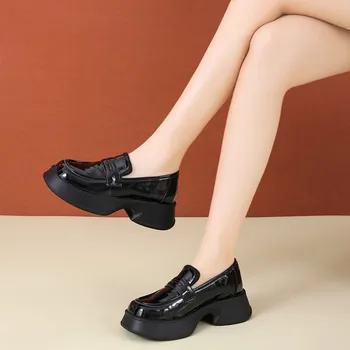 Женская обувь на высоком каблуке, женские туфли-оксфорды из цельной кожи, женские туфли на платформе, модные универсальные женские повседневные туфли без застежки