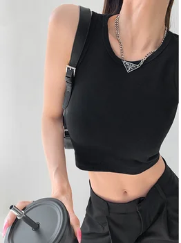 Женская рубашка Нишевого дизайна С Сексуальным Открытым Жилетом Без Рукавов На спине В Обтягивающих Однотонных Топах С круглым вырезом GVFE