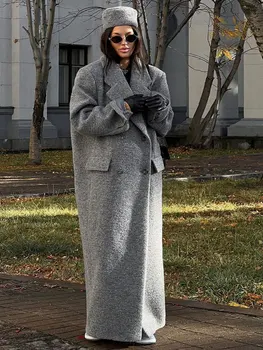 Женские длинные шерстяные смеси, осень-зима, женское элегантное серое длинное пальто, модная двубортная куртка оверсайз, теплое пальто