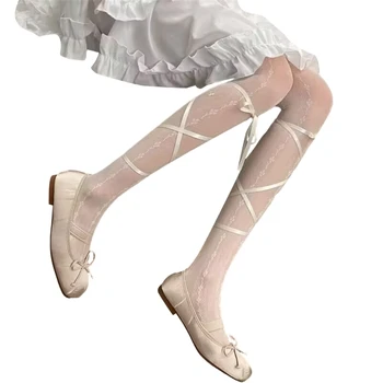 Женские милые балетные тонкие Шелковистые Прозрачные колготки Japanese JK Girl с ленточными завязками и бантом, полосатые колготки с рисунком