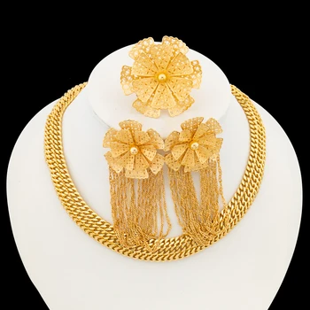 Женский комплект ювелирных изделий с позолотой из Дубая, элегантные серьги-кисточки в цветочном дизайне и кольцо на палец с крупной цепочкой, ожерелье-бижутерия