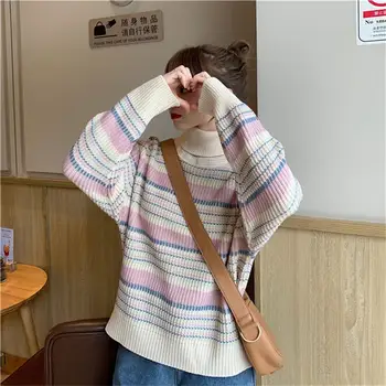 Женский Корейский повседневный свитер Harajuku, Свободный свитер с высоким воротом в полоску, Женские свитера, Японский Ulzzang, Винтажная одежда для женщин