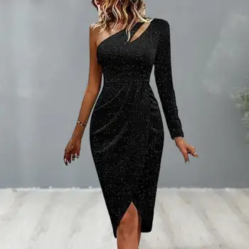Женское сексуальное вечернее платье с длинным рукавом на одно плечо, сексуальное банкетное сверкающее платье, плиссированное облегающее платье с диагональным воротником, завернутое в бедра