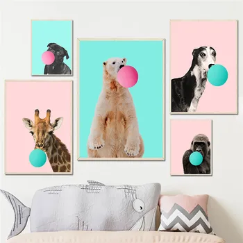 Жираф, Собака, Обезьяна, Картина на холсте, животные, выдувающие голубые и розовые пузыри, Настенный художественный плакат для детской, украшение детской комнаты