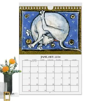 Забавный календарь с кошками на 2024 год, 12-месячный настенный календарь на 2024 год со средневековыми изображениями кошек, украшения для дома, календари с кошками для гостиной