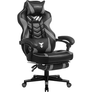 Игровое кресло Zeanus для взрослых, Компьютерное игровое кресло с подставкой для ног, геймерское кресло с высокой спинкой и массажной откидной подставкой для ног, серое