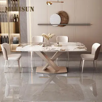 Итальянский стиль, столешница из светлой каменной доски 12 мм, обеденный стол, Плавный изгиб, Кухонная мебель, Дизайнерский Прямоугольный стол, 6 стульев