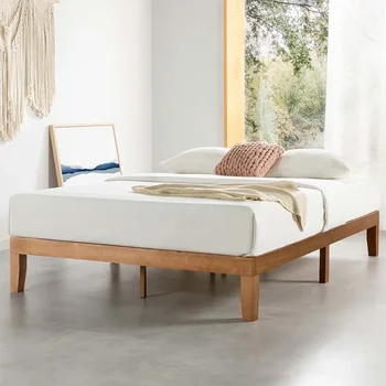 Каркас кровати-платформы из массива дерева, классический, в современном стиле середины века, с деревянными рейками, пружины не требуются