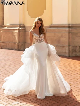 Классическое свадебное платье с круглым вырезом и коротким рукавом, Элегантные аппликации, халат невесты, Белое атласное Длинное свадебное платье трапециевидной формы, Robe De Mariée