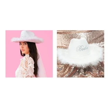 Ковбойская шляпа с буквами НЕВЕСТЫ с блестками, свадебная шляпа пастушки, приморская шляпа с полями из перьев, аксессуар для элегантного платья в западном стиле 10CF