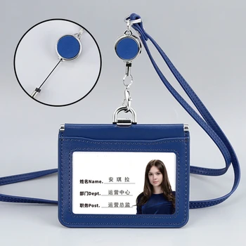 Кожаный держатель для бейджа с прозрачным окошком, слот для кредитной карты, Съемные шейные ремешки