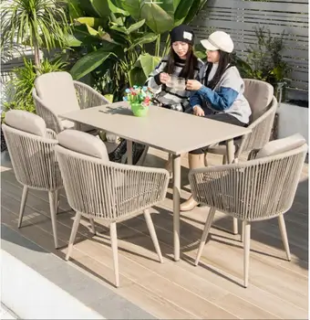 Комбинация стола и стула на открытом воздухе, сад на вилле, стол на террасе в скандинавском стиле, плетеные из веревки обеденные стулья, повседневные столики во дворе