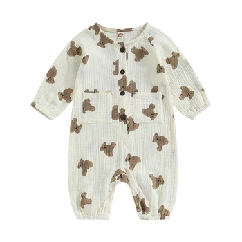 Комбинезон для малышей с длинными рукавами и пуговицами с медвежьим принтом и карманами для новорожденных, милая осенняя одежда