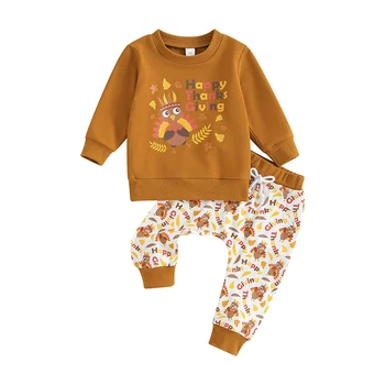 Комплект детских штанов, толстовка с круглым вырезом и буквенным принтом Индейки с длинным рукавом и спортивные штаны На День Благодарения