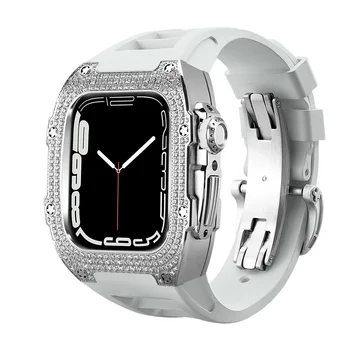 Комплект модификаций для Apple Watch Series 8 7 6 SE 5 4 45 мм 44 мм корпус с бриллиантами Корпус из нержавеющей стали резиновая лента для iWatch 45 мм