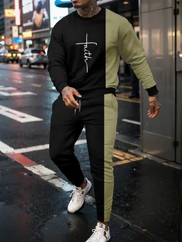 Комплект мужской одежды с 3D-принтом в виде буквенного креста, нейтральный черный пуловер с длинными рукавами, спортивная рубашка, брюки, комплект из двух предметов