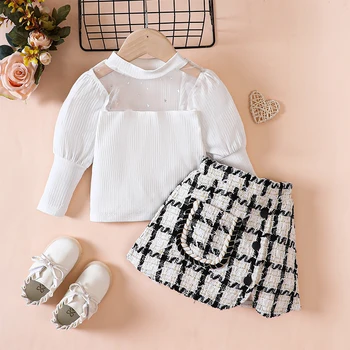 Комплект одежды из 2 предметов для маленьких девочек, сетчатые рубашки в стиле пэчворк с длинными рукавами и эластичная клетчатая юбка-трапеция, комплект осенней одежды для малышей