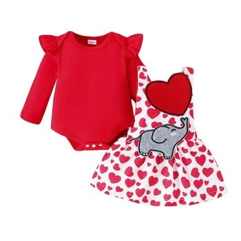 Комплект одежды на День Святого Валентина для маленькой девочки, комбинезон с длинными рукавами и подтяжками в виде слона и сердца, комплект юбки
