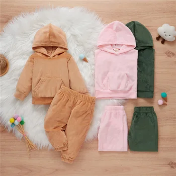 Комплект повседневной одежды унисекс для детей 1-5 лет, цвет Хаки, розовый, Армейский, зеленый, для девочек, пуловер с капюшоном и брюки, весенне-осенний комплект для мальчиков
