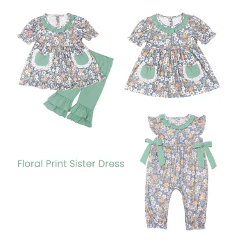 Комплект с длинными рукавами Ropa Baby, круглый вырез, зеленый топ с цветочным принтом для девочек и фиолетовые брюки-решетки с плиссированным комбинезоном Sister.