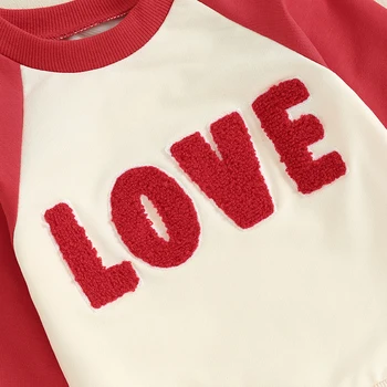 Комплекты на День Святого Валентина для маленьких мальчиков и девочек, Толстовка с вышивкой буквами для новорожденных, эластичные штаны, комплект одежды из 3 предметов
