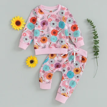 Комплекты осенней одежды для новорожденных, толстовка с цветочным принтом для маленьких мальчиков и девочек, штаны с эластичной резинкой на талии, костюмы с брюками для младенцев из 2 предметов