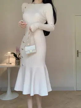 Корейское Шикарное Новое Женское Осенне-Зимнее Белое Трикотажное платье С запахом 