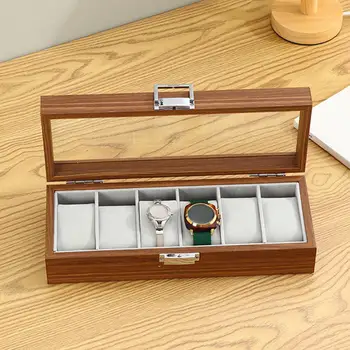 Коробка для хранения часов с 6 широкими прорезями Деревянная коробка для часов для мужчин и женщин Украшения для дома, часы, ювелирный дисплей, стол, комод, витрина магазина