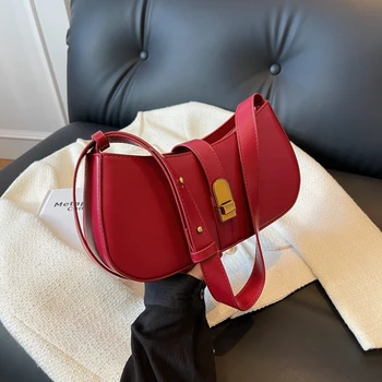Красная женская сумка подмышками, осень 2023, Новые французские роскошные свадебные сумки через плечо в стиле ретро, повседневные простые кожаные сумки