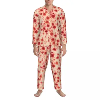 Красная пижама с цветочным принтом, мужские Абстрактные цветы, пижамы Kawaii Sleep, Весна, 2 предмета, Повседневные пижамные комплекты с принтом большого размера