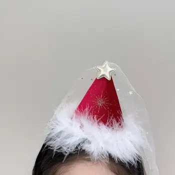 Красная Рождественская шляпа с пером, заколка, Рождественская лента с Рождественским декором, Рождественская повязка на голову, плюшевые Корейские аксессуары для волос