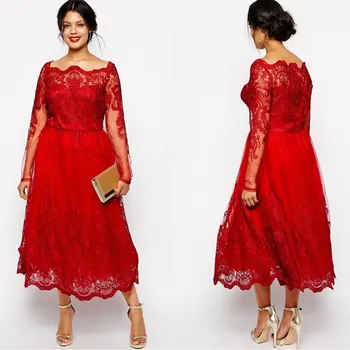 Красные вечерние платья с кружевами больших размеров, прозрачные вечерние платья Бато с длинным рукавом, трапециевидные платья чайной длины Для матери невесты
